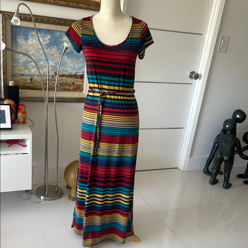 Striped Multicolor Short Sleeve Maxi Dress with Belt